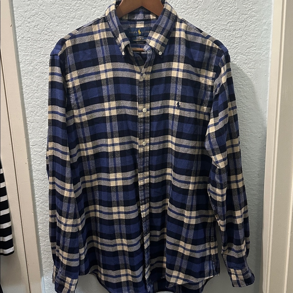 Polo Ralph Lauren‎ Shirt Mens Medium Blue Gray Plaid Flannel Button Up Preppy - Picture 2 of 7